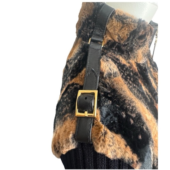 ST. JOHN Leather Trimmed Faux Fur Luxury Knit Jacket Black Tan Size Small - Picture 11 of 15